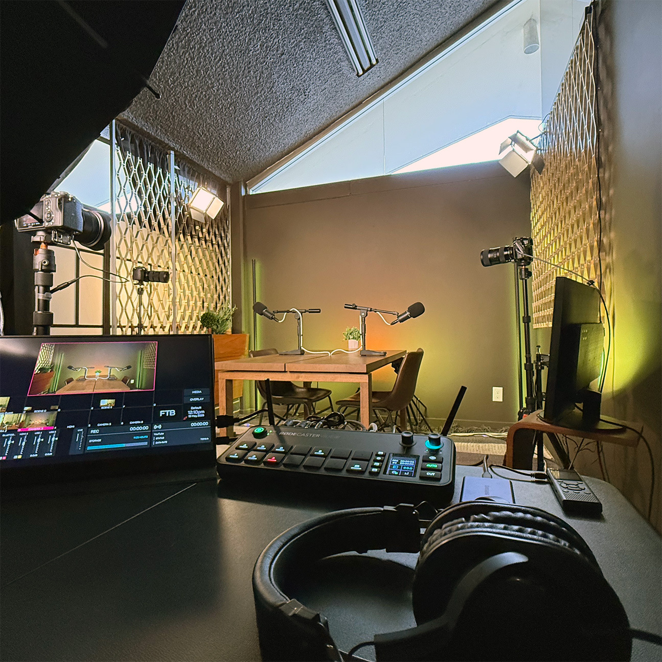 KillerGrowth podcast studio wide shot showing full lighting rig, cameras, and IKEA table setup